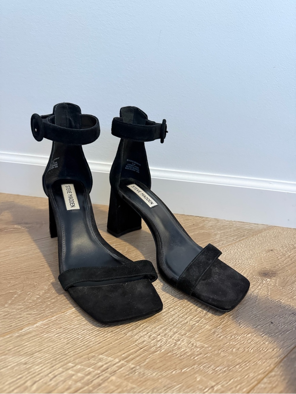 Steve Madden Black Suede Square-Toe Ankle-Strap Block Heels